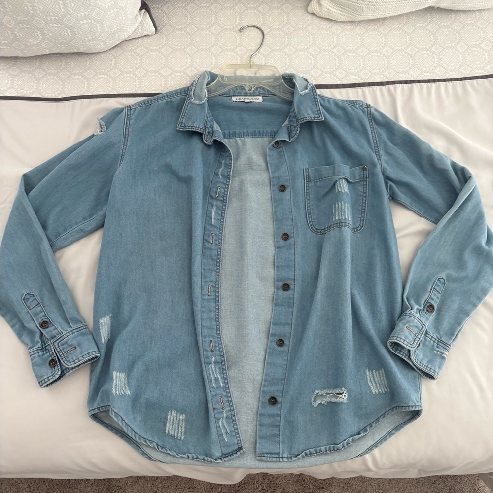 Distressed Jeans Button-Up Shirt